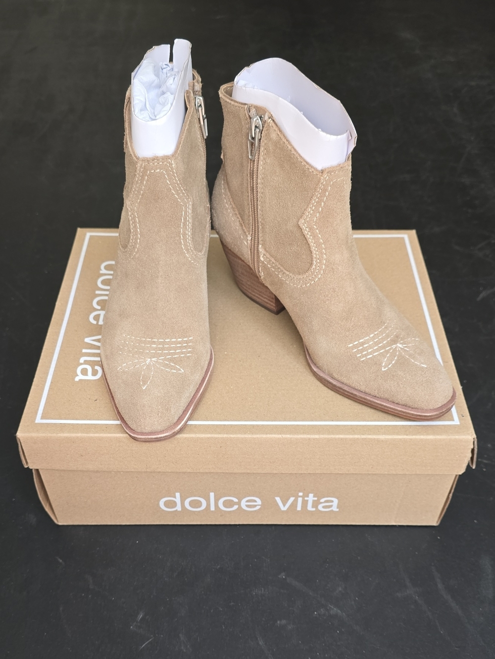 Dolce Vita Tan Suede Western Zip Ankle Booties